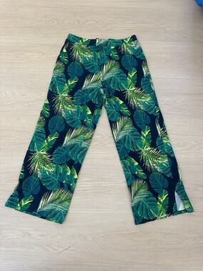 Tropical Green Wide-Leg Casual Pants